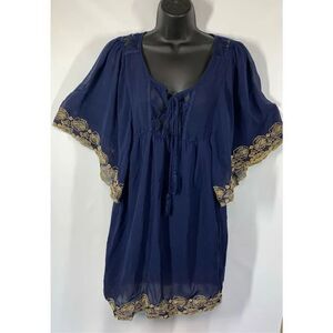 Flying Tomato Women's Short Bell Sleeves Lace Tassels Tunic dress Navy Blue Medi